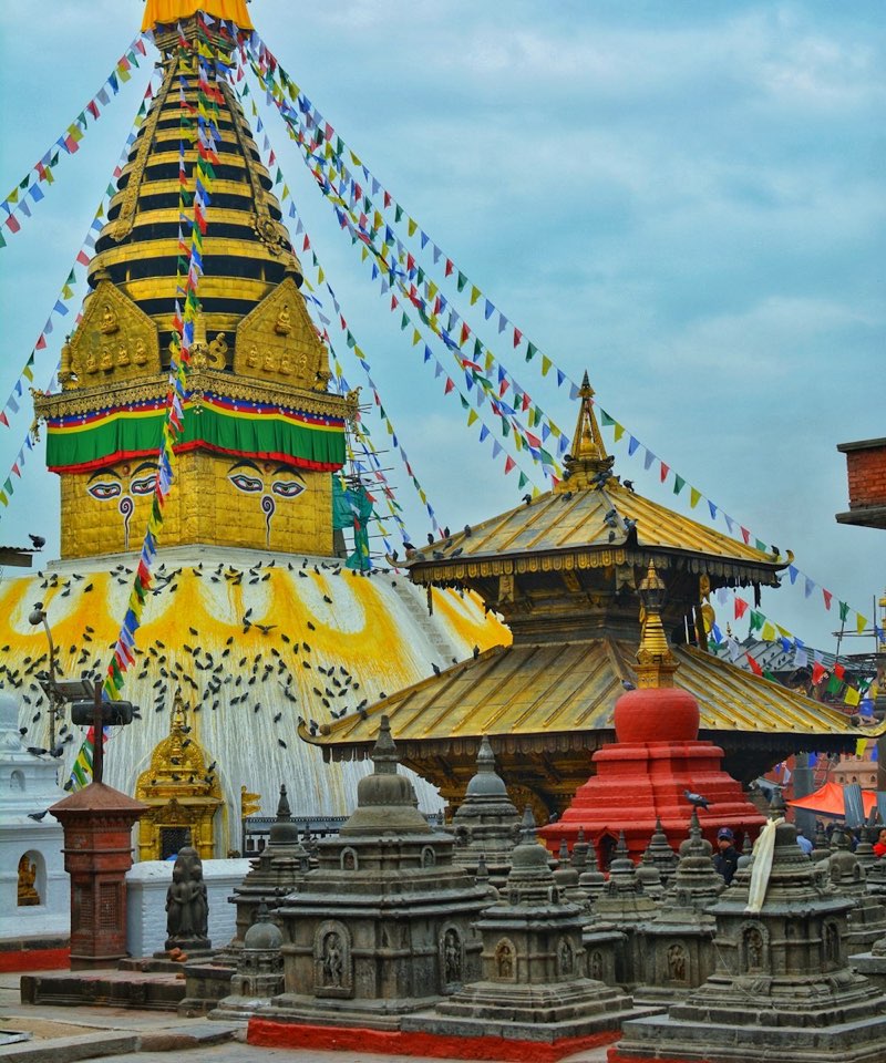 Swayambhunath stupa with prayer flags in Kathmandu
